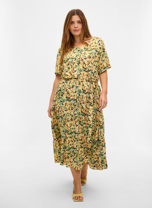 Midi-jurk met korte mouwen in viscose, Yellow Summer AOP, Model image number 2