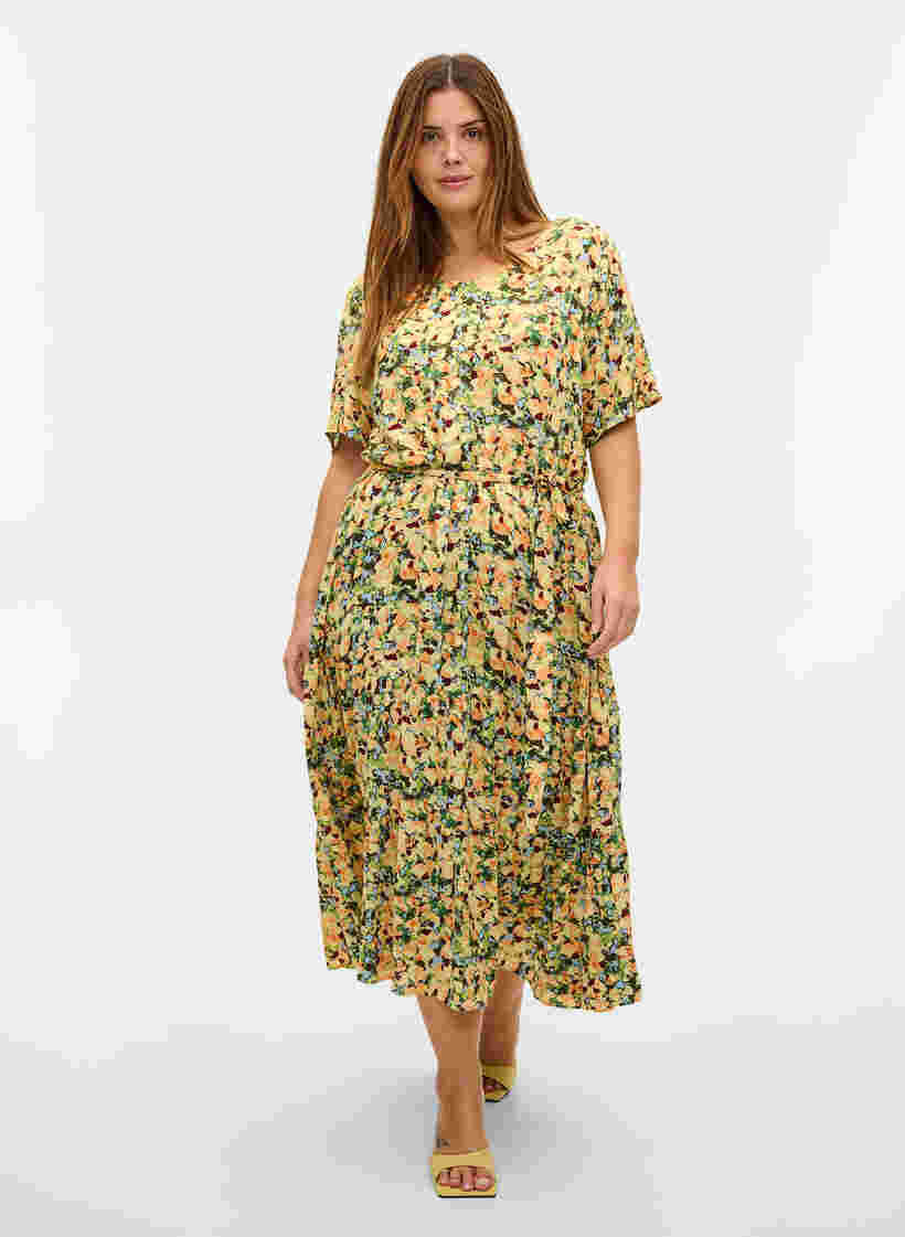 Midi-jurk met korte mouwen in viscose, Yellow Summer AOP, Model image number 2