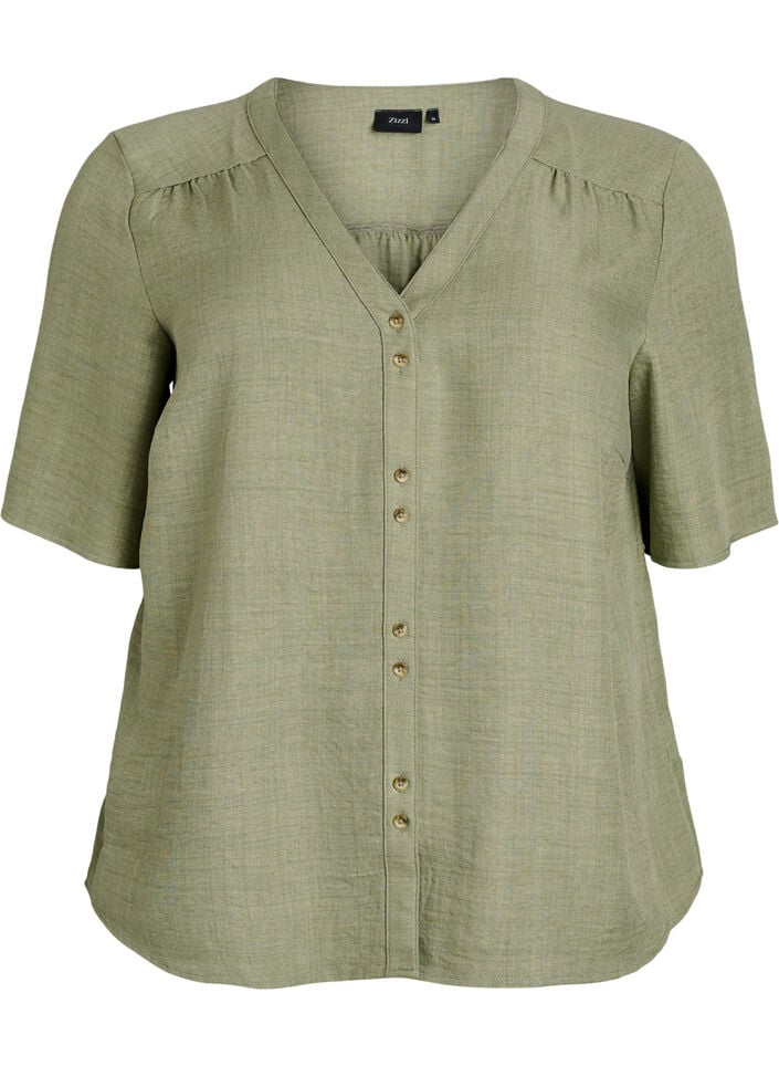 Overhemd blouse met V-hals en korte mouwen, Groen, Packshot image number 0