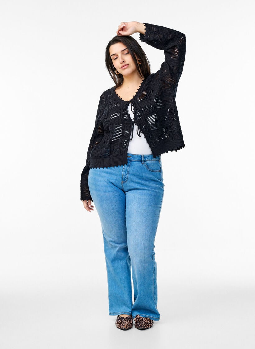 Gebreide cardigan met strikjes en een opengewerkt patroon, Zwart, Model image number 1