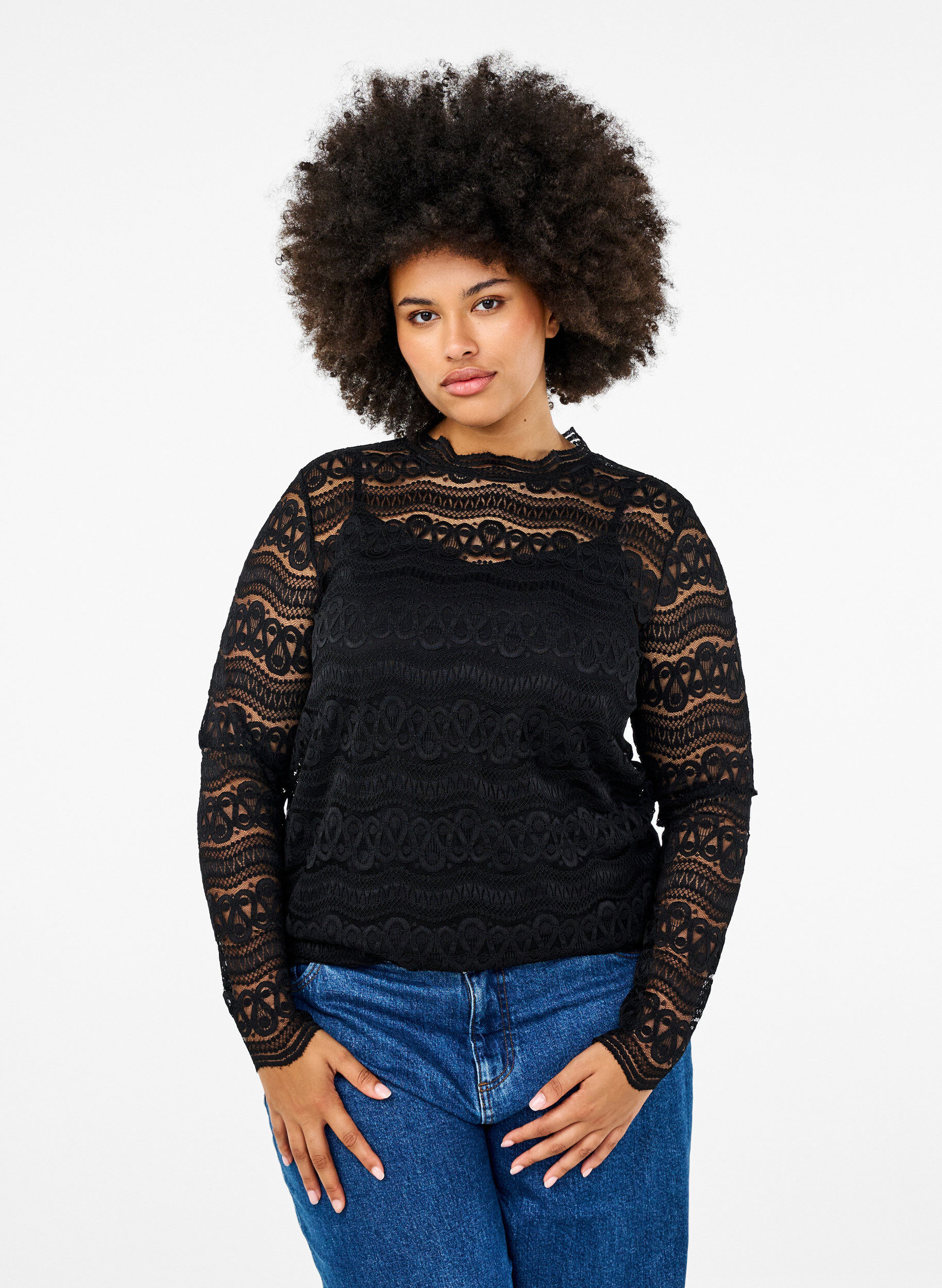 Zizzi Kanten blouse met lange mouwen, Black, Model image number 0