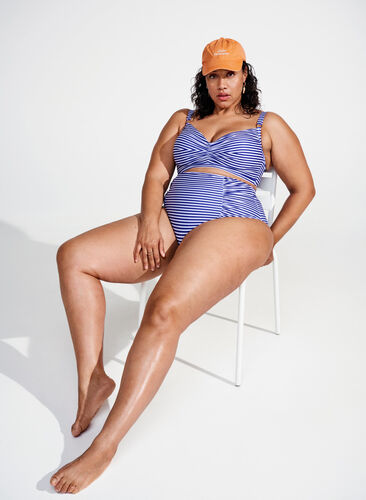 Gestreept bikinibroekje met hoge taille, Blue Striped, Image image number 0