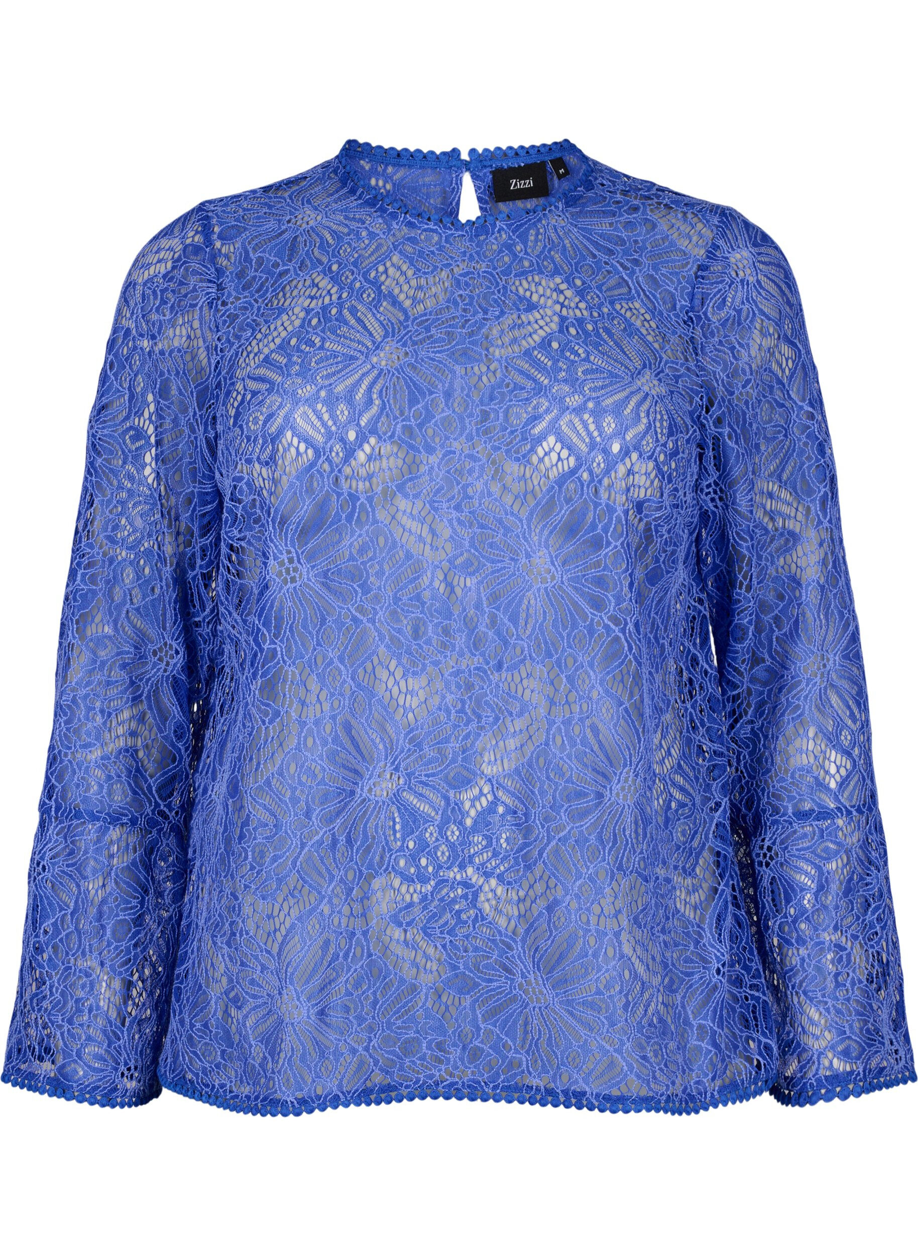 Zizzi Kanten blouse met ronde hals en lange mouwen, Blauw, Packshot image number 0