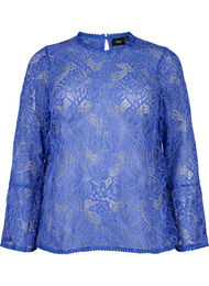 Kanten blouse met ronde hals en lange mouwen, Blauw