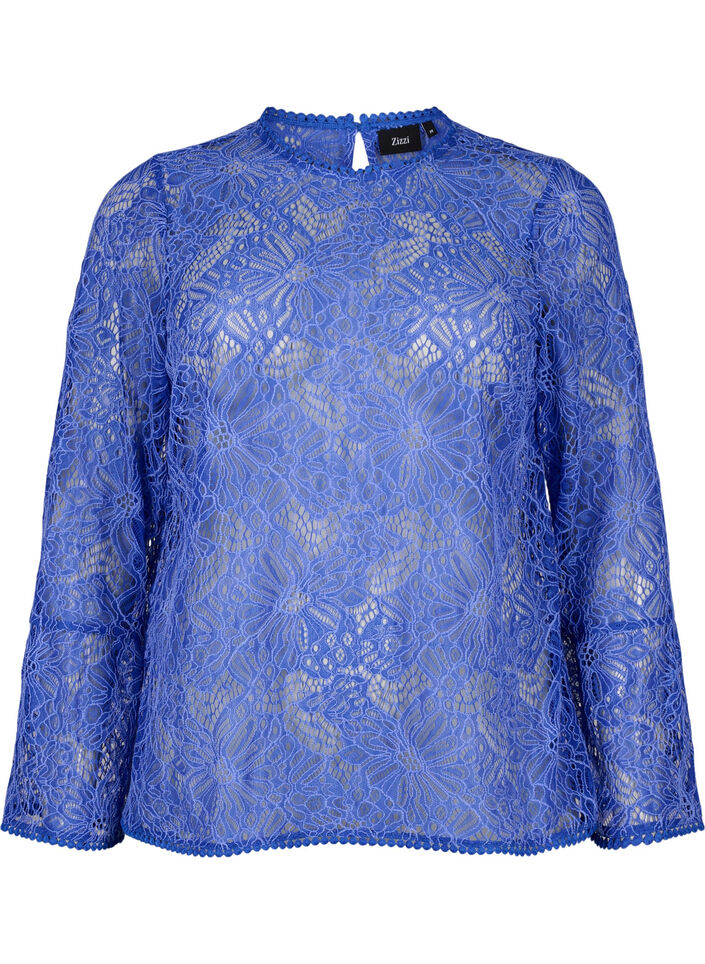 Kanten blouse met ronde hals en lange mouwen, Blauw, Packshot image number 0