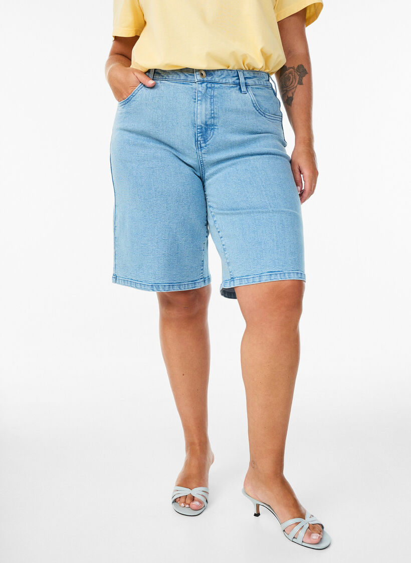 Losse denim shorts met hoge taille, Blauw, Model image number 3