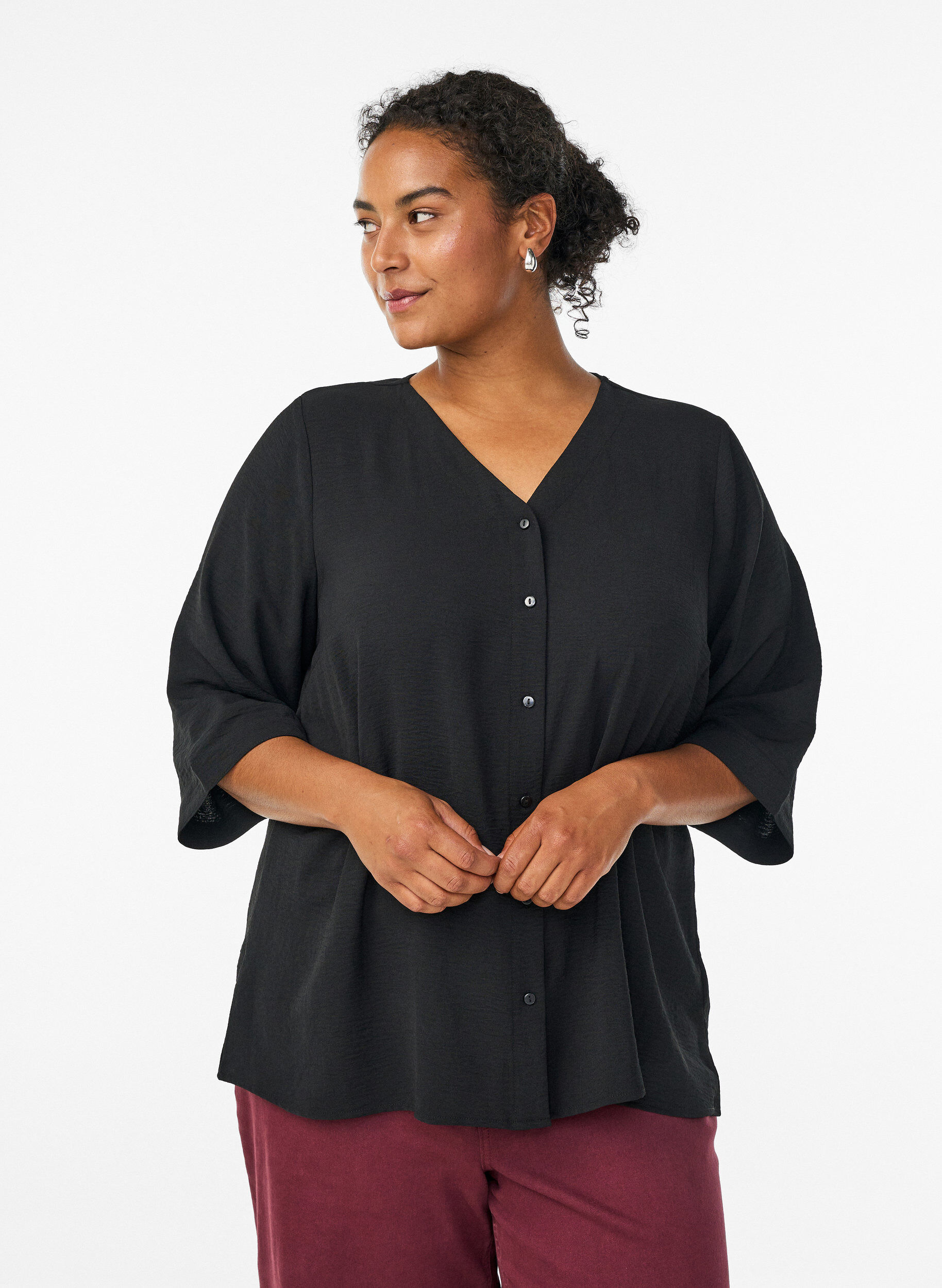 ZizziShirtblouse met V-hals en 3/4 mouwen, Zwart, Model image number 0