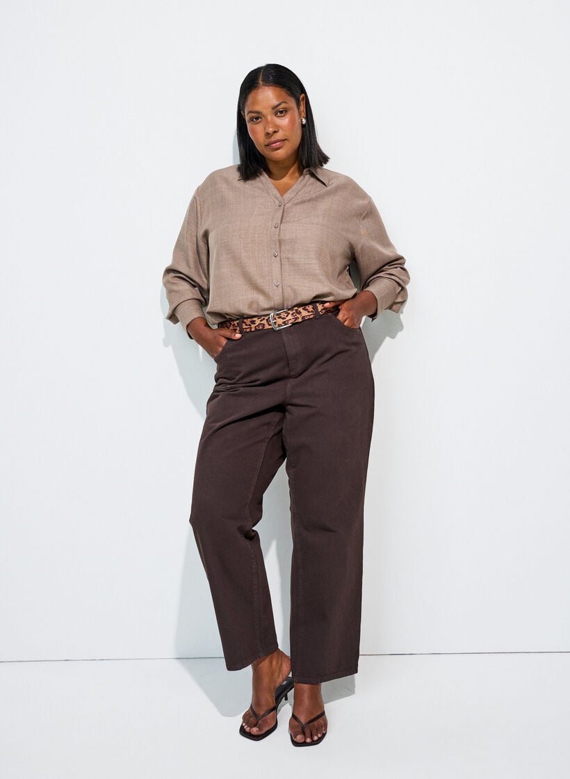 Losse shirt met V-hals, Bruin, Model image number 1