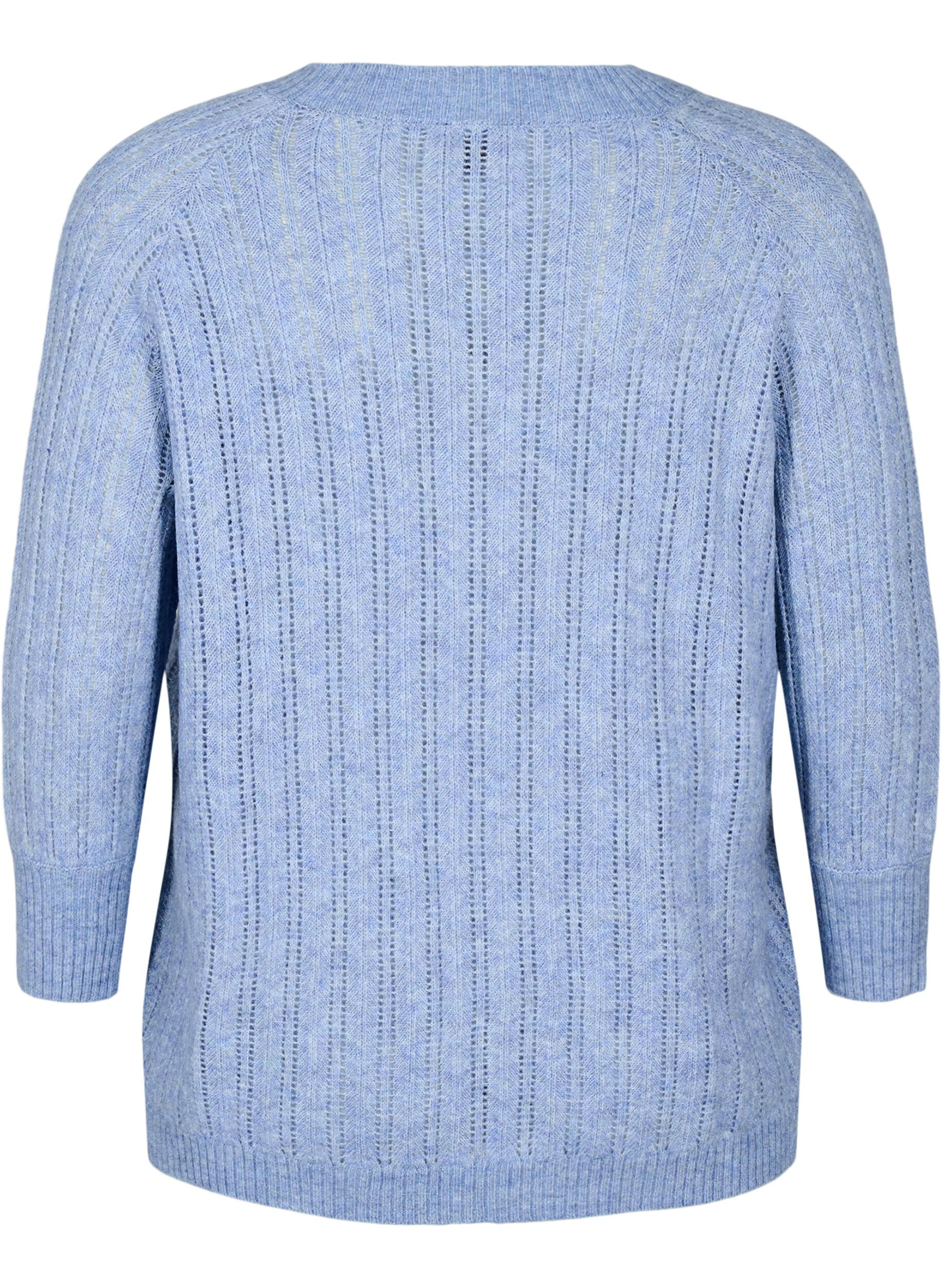 Zizzi Luchtige knit blouse met 3/4 mouwen en opengewerkt patroon, Blauw, Packshot image number 1