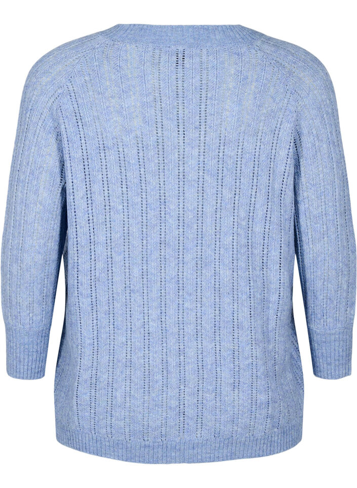 Luchtige knit blouse met 3/4 mouwen en opengewerkt patroon, Blauw, Packshot image number 1