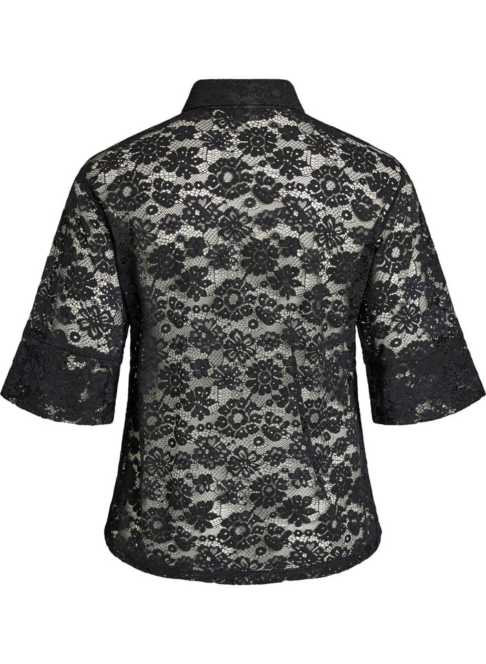 Kanten blouse met kraag en 1/2 mouwen, Zwart, Packshot image number 1