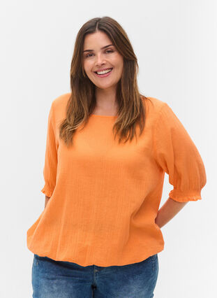 Katoenen blouse met smokwerk en korte mouwen, Nectarine, Model image number 0