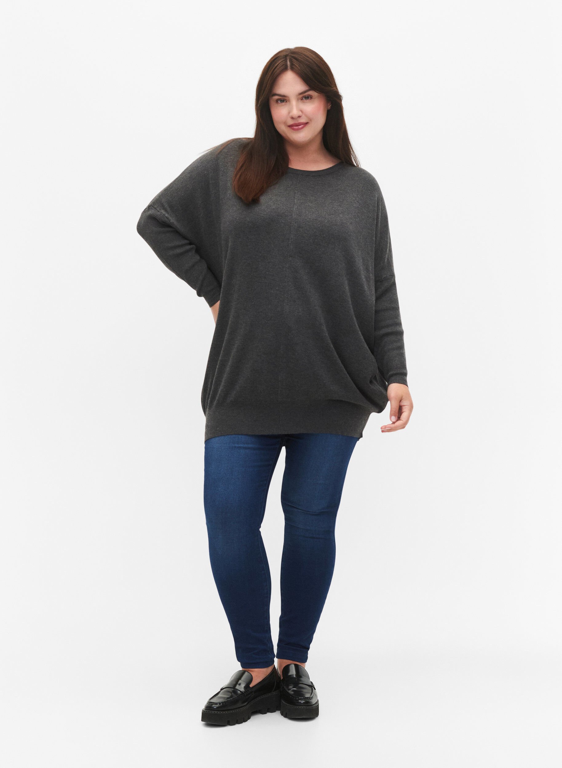 Zizzi Gebreide tuniek in viscosemix, Dark Grey Melange, Model image number 2