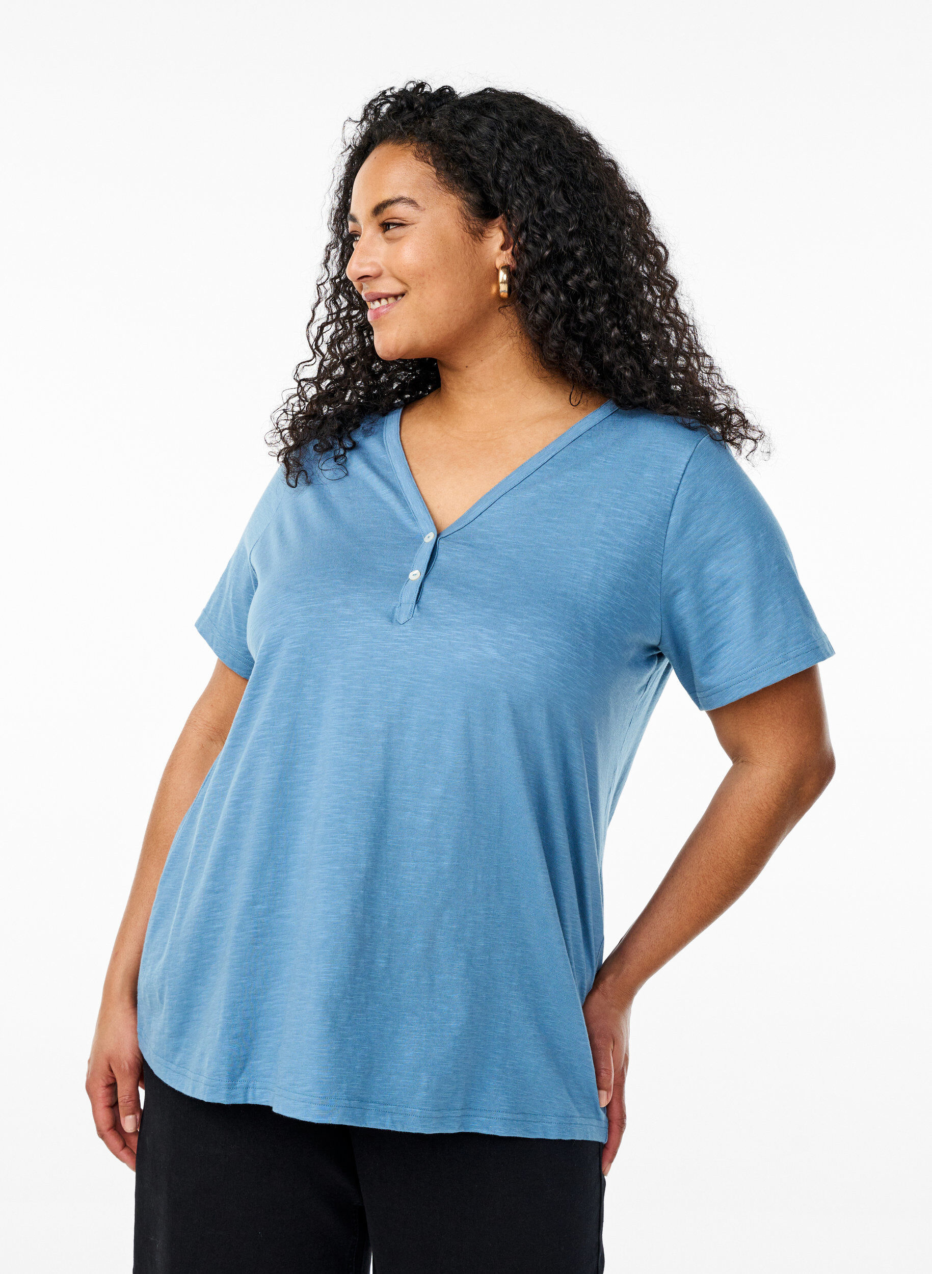 Zizzi FLASH - T-shirt met knoopdetail, Blauw, Model image number 0