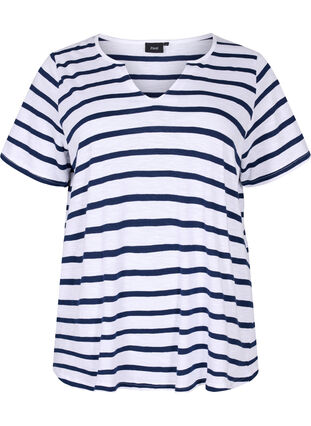 Gestreept katoenen t-shirt met v-hals, Bright White Stripe, Packshot image number 0