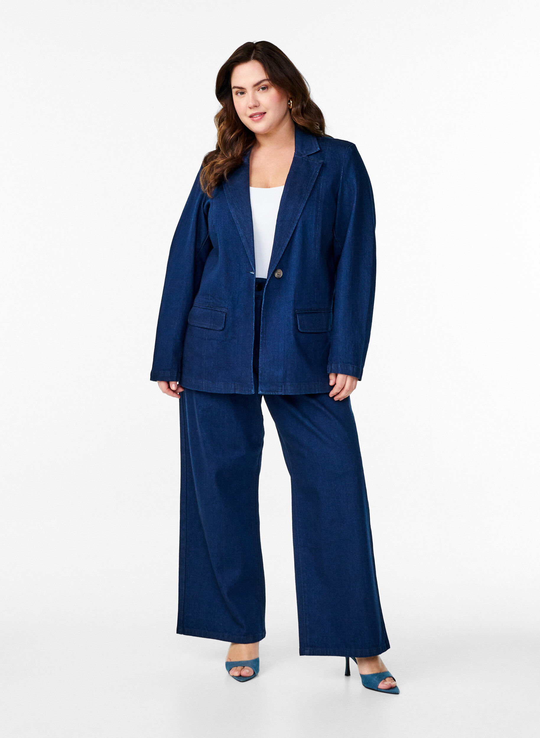 Zizzi Denim blazer met zakken, Blauw, Model image number 1