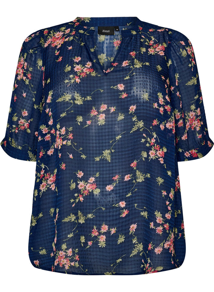 Blouse met bloemenprint en V-hals, Blauw, Packshot image number 0