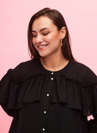 Ruche blouse met parelknopen, Black, Model image number 2