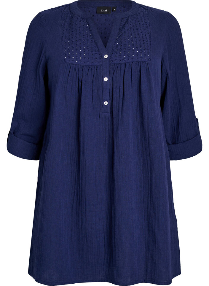 Katoenen mousseline tuniek met broderie anglaise, Blauw, Packshot image number 0