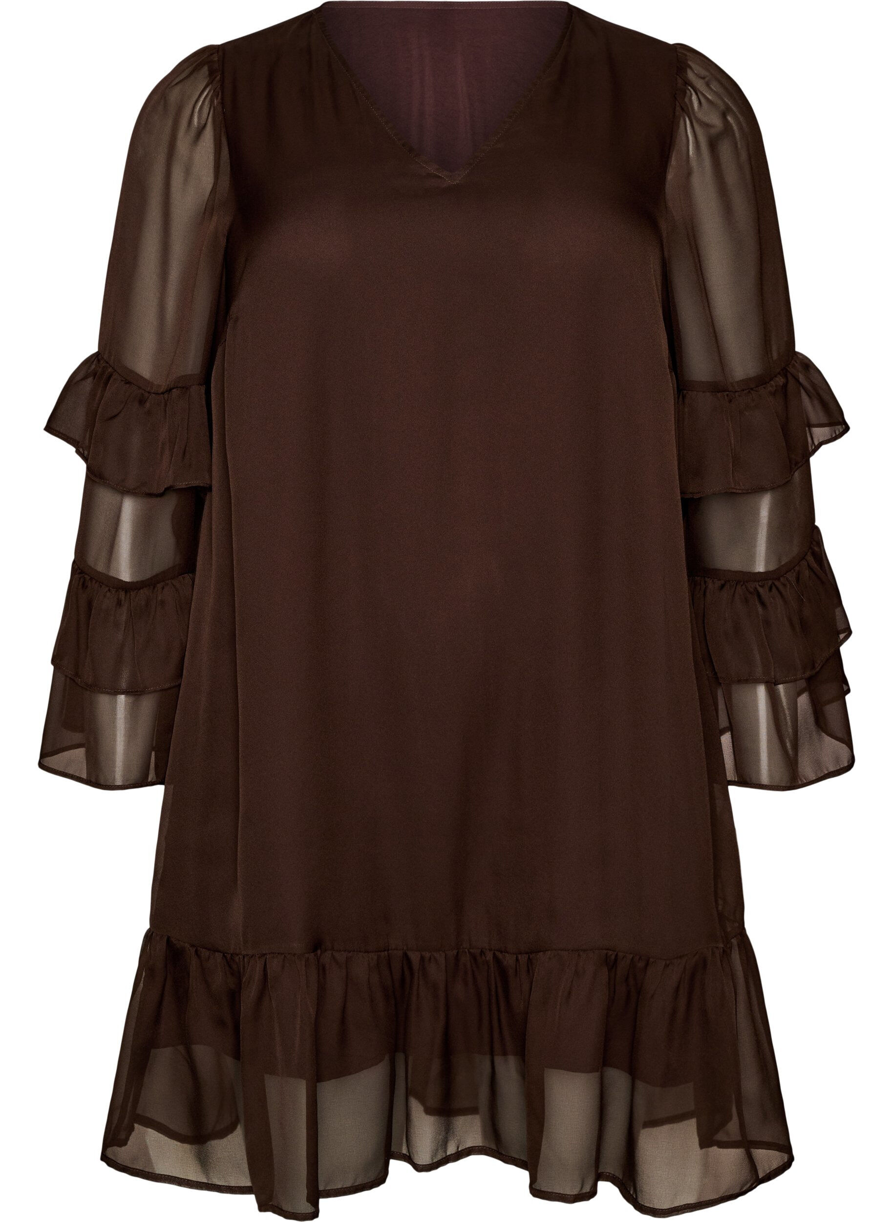 ZizziKorte jurk met transparante ruchesmouwen, Bruin, Packshot image number 0