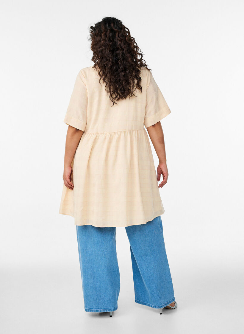 Korte overhemdjurk met een geruite textuur en 1/2 mouwen, Geel, Model image number 2