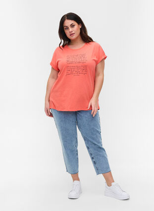 T-shirt met opdruk in biokatoen, Living Coral Text, Model image number 2