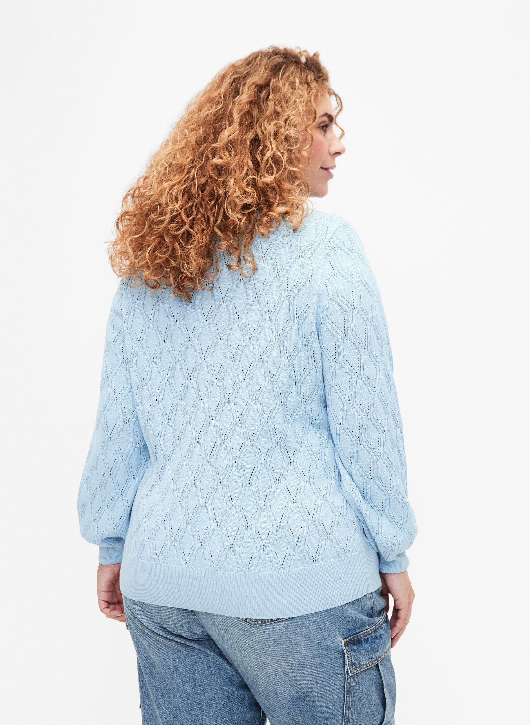Zizzi Pullover met gatenpatroon en boothals	, Blue Bell, Model image number 1
