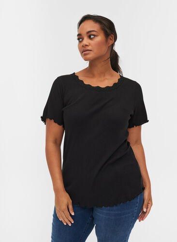 T-shirt met korte mouwen in rib met kanten rand, Black, Model image number 0