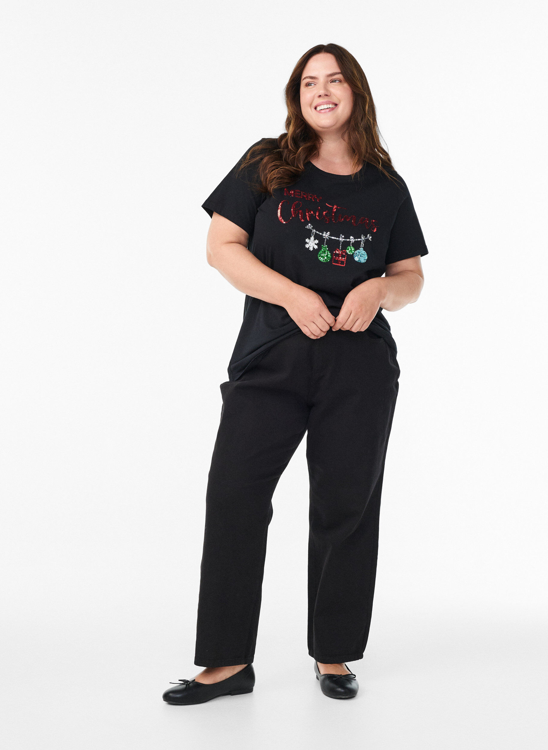 Zizzi Kerst T-shirt van biologisch katoen, Zwart, Model image number 1