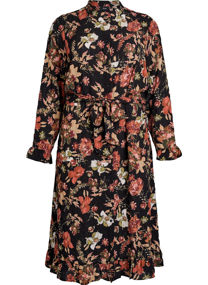 Midi-jurk met bloemenprint en afneembare strikceintuur, Zwart, Packshot image number 0