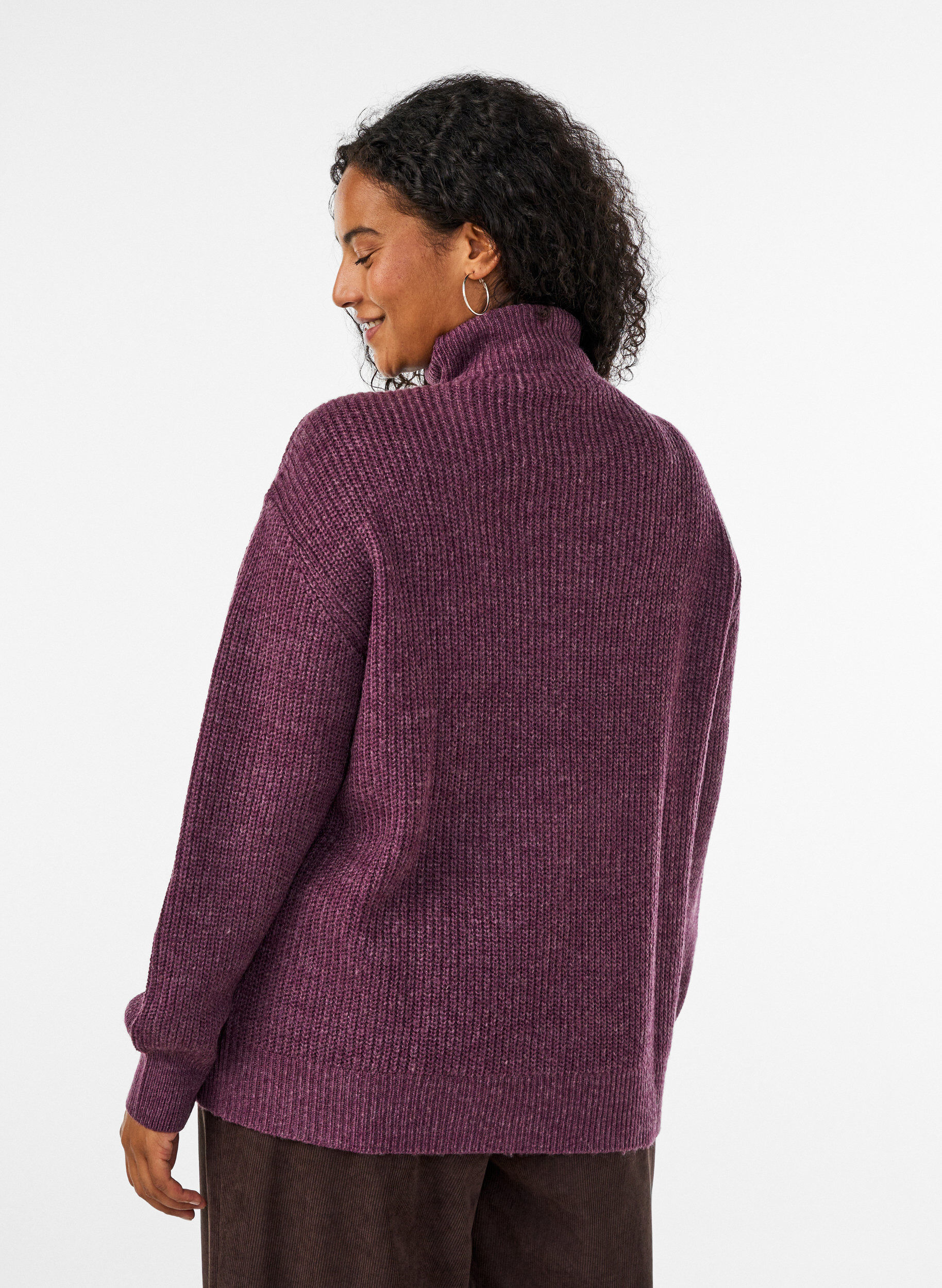 ZizziGebreide trui met hoge hals en rits, Paars, Model image number 2