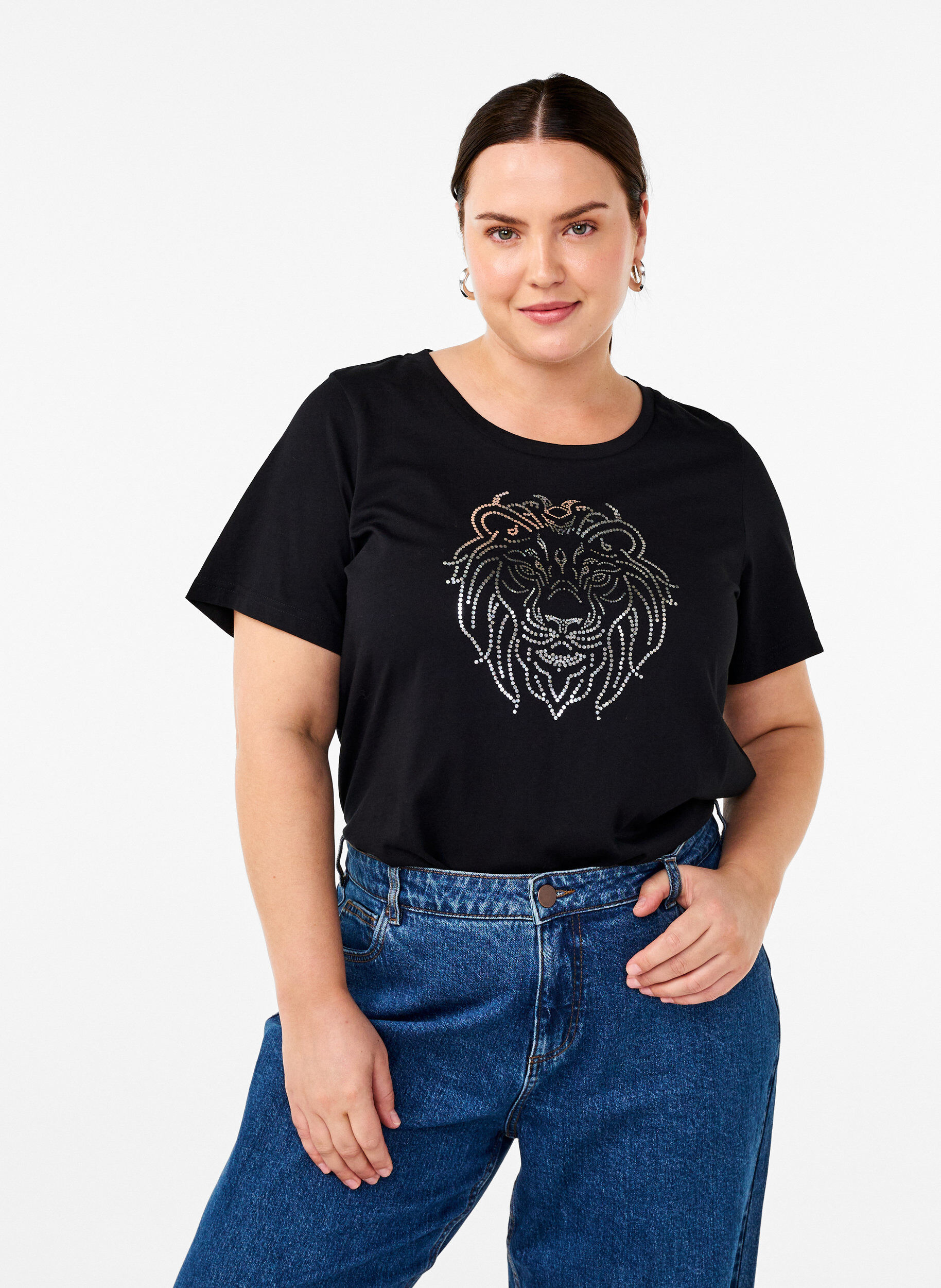Zizzi Katoenen T-shirt met opdruk, Black w. Silverlion, Model image number 0