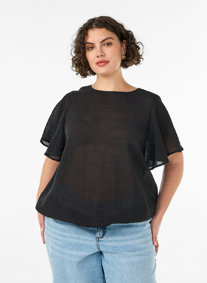 Blouse met ballonavorm en vleermuismouwen, Zwart, Model image number 0