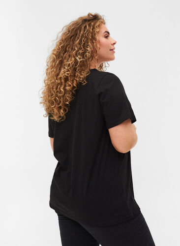 Katoenen t-shirt met v-hals en kant, Black, Model image number 1