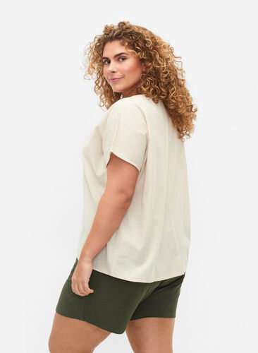 Katoenen blouse met korte mouwen van katoenmix met linnen, Sandshell, Model image number 1