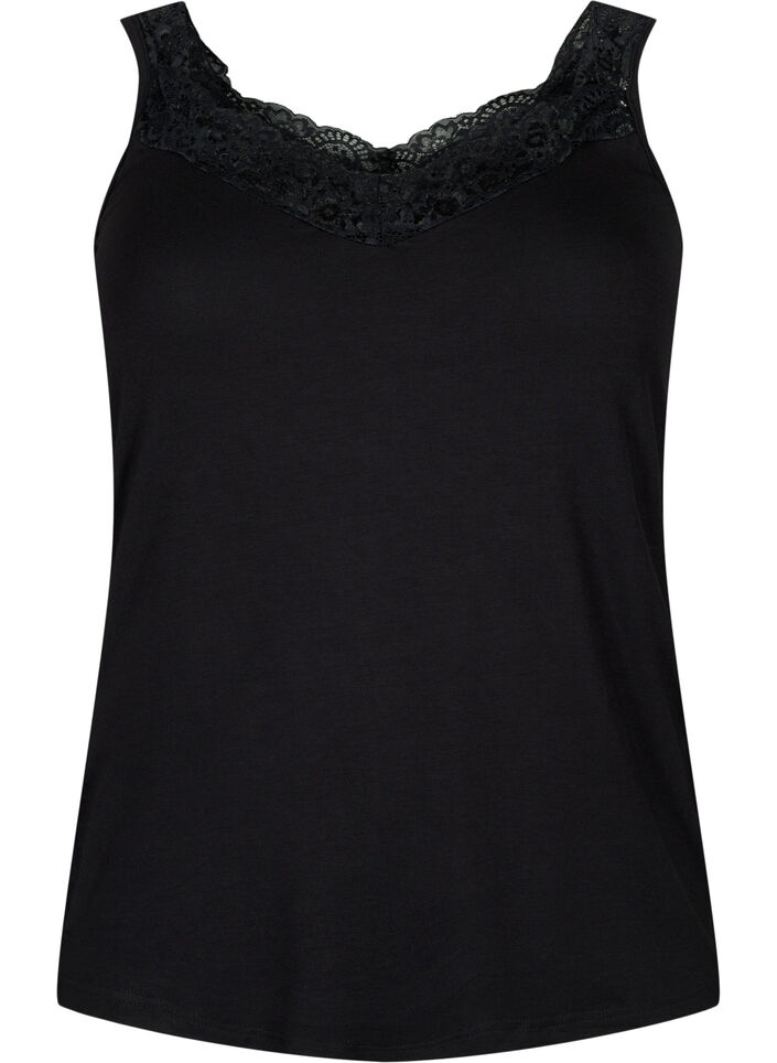 Viscose top met kanten rand, Zwart, Packshot image number 0