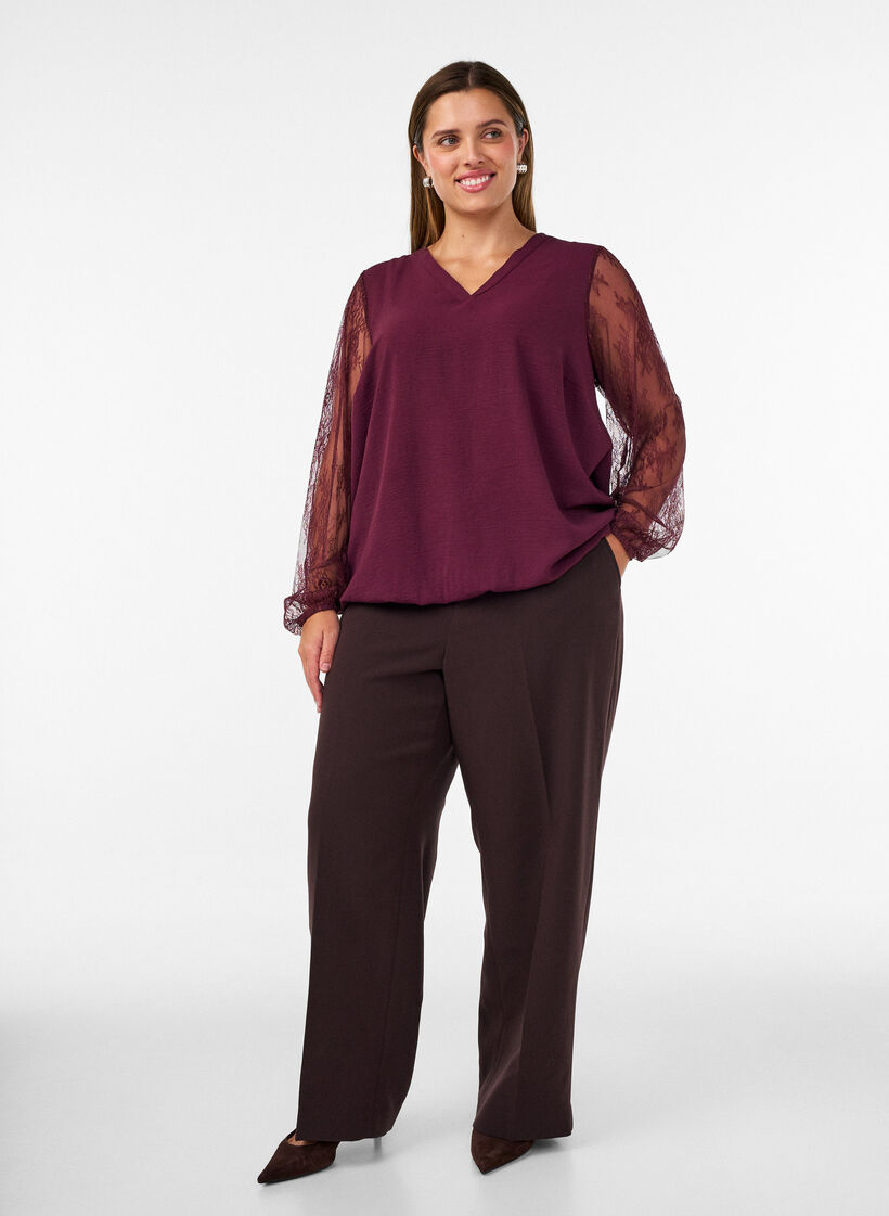 Blouse met kanten mouwen en ballonvorm, Rood, Model image number 1