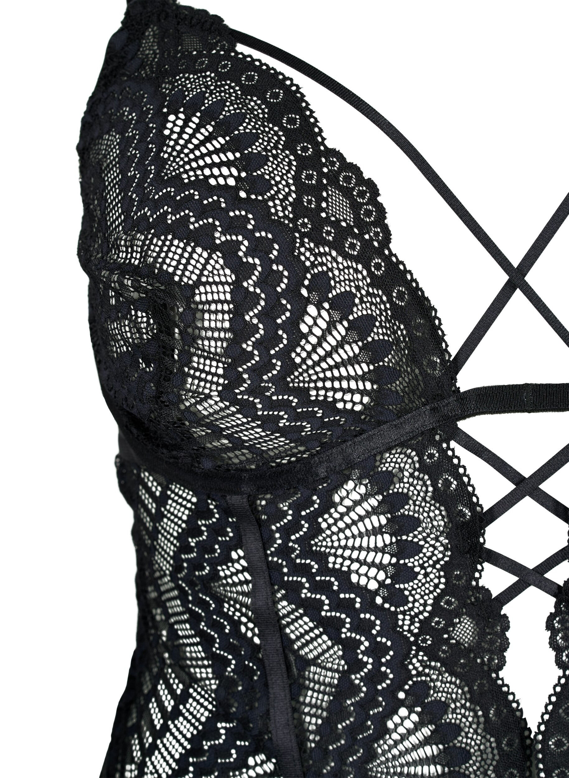 Zizzi Kanten bodystocking met touwtjes, Zwart, Packshot image number 2