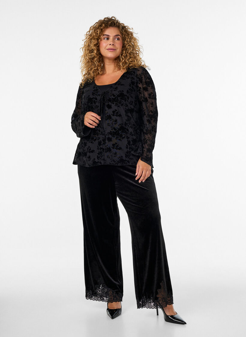 Fluwelen broek met kanten rand en wijde pijpen, Zwart, Model image number 1