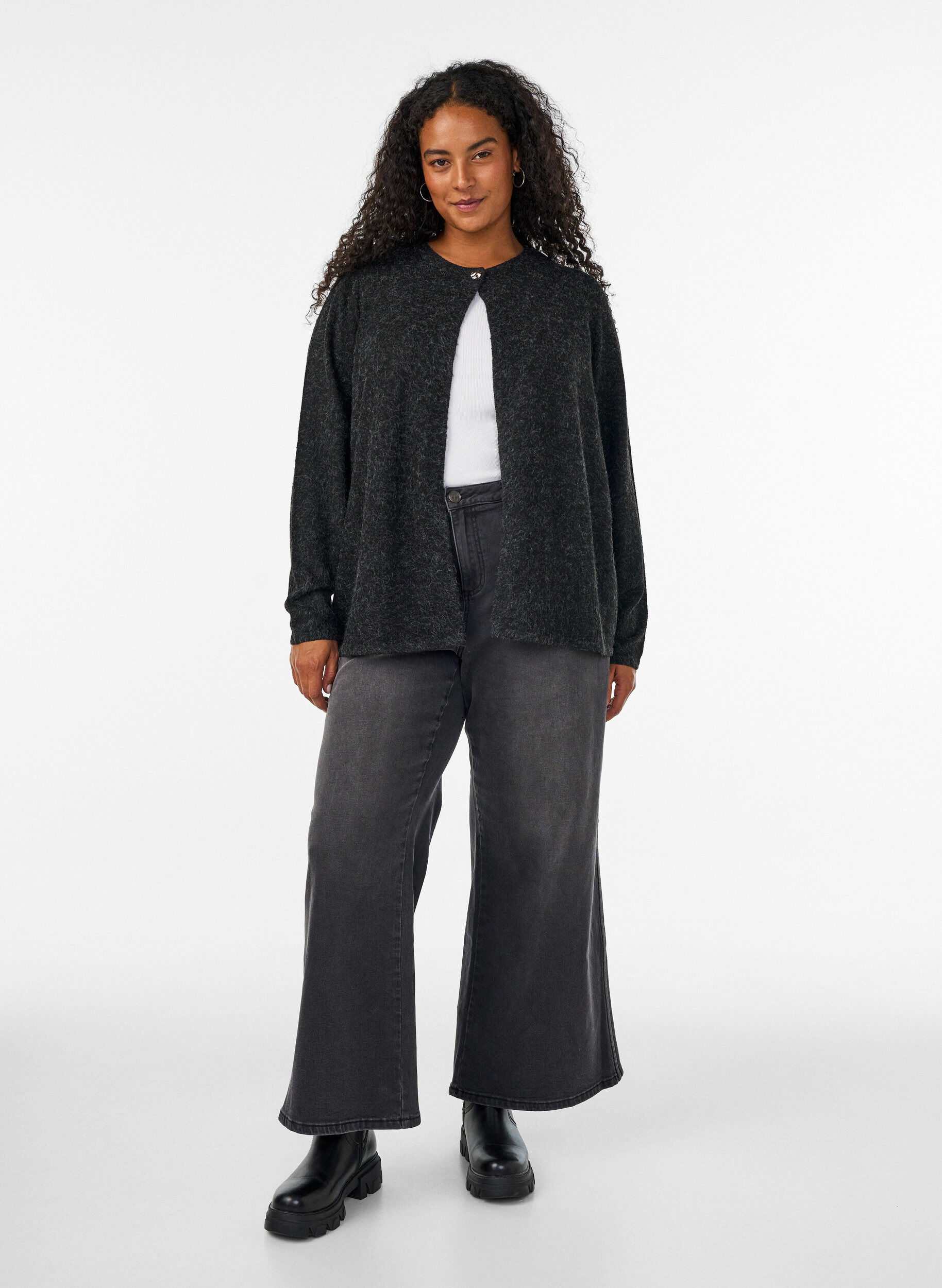 ZizziGebreid vest met ronde hals en knoopsluiting, Grijs, Model image number 1
