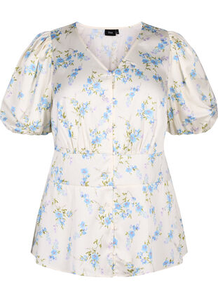 Gebloemde satijnen blouse met pofmouwen, Off White Blue Fl., Packshot image number 0