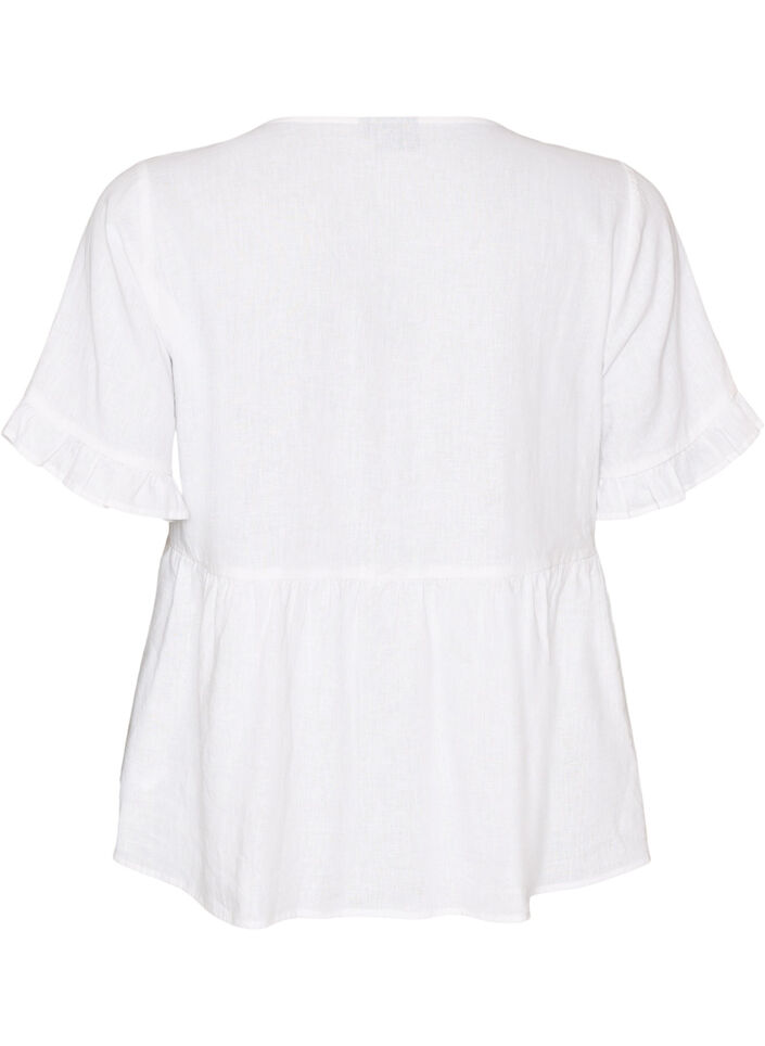 Blouse in linnen en viscose met een V-hals en knoopsluiting, Wit, Packshot image number 1