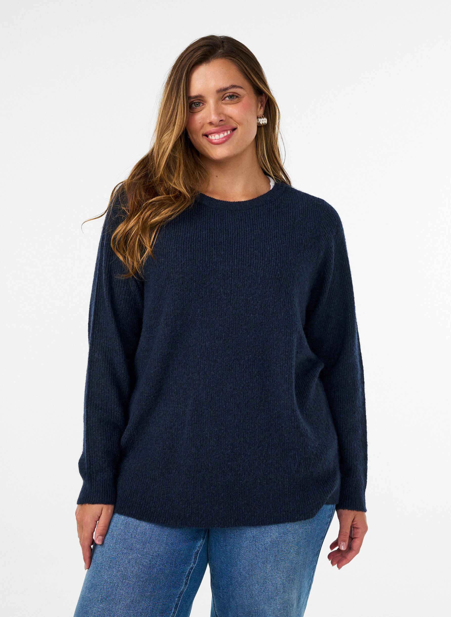 ZizziGem&ecirc;leerde gebreide blouse met ronde hals, Blauw, Model image number 0