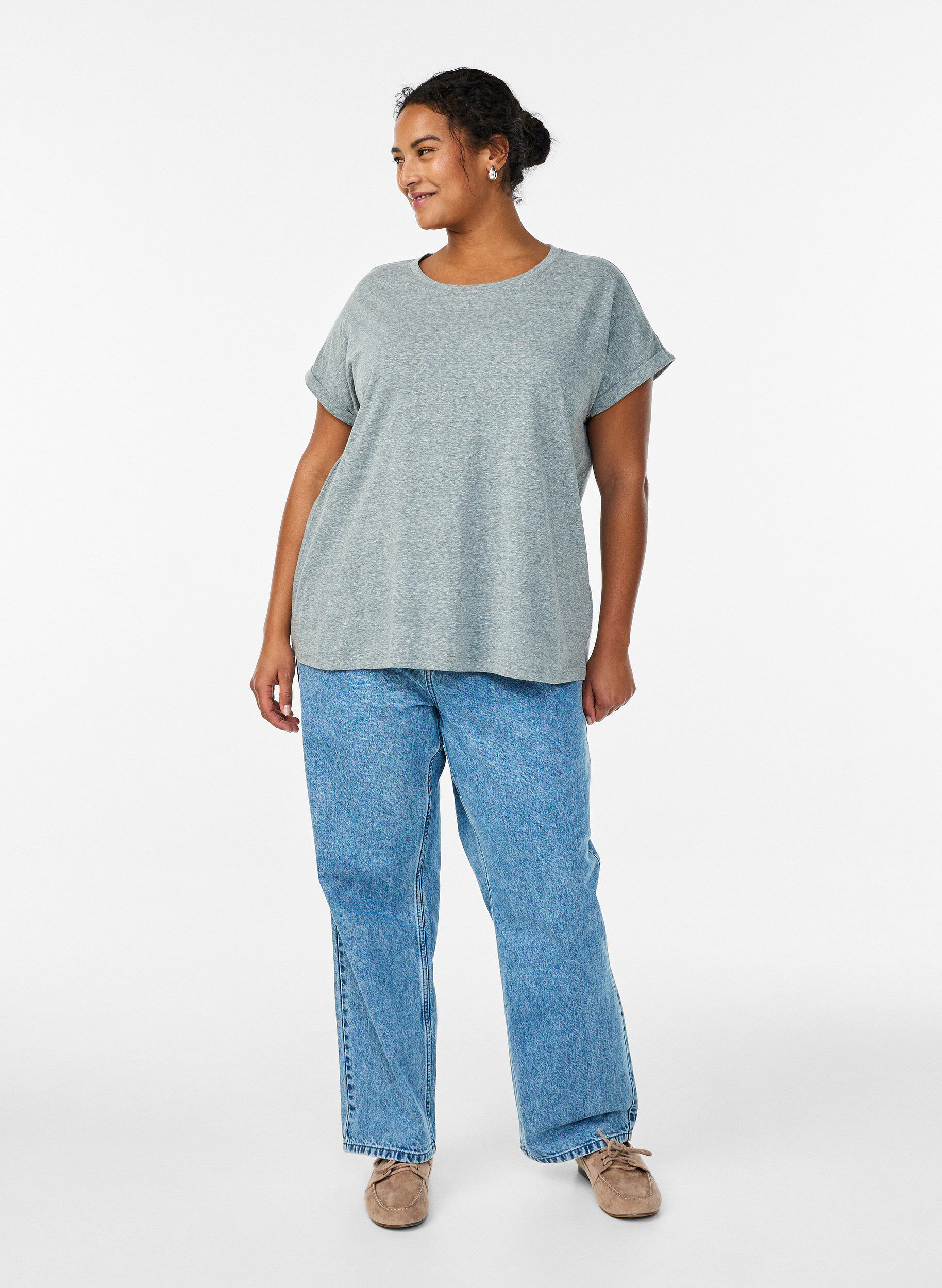 Zizzi Gem&ecirc;leerd T-shirt met korte mouwen, Groen, Model image number 1