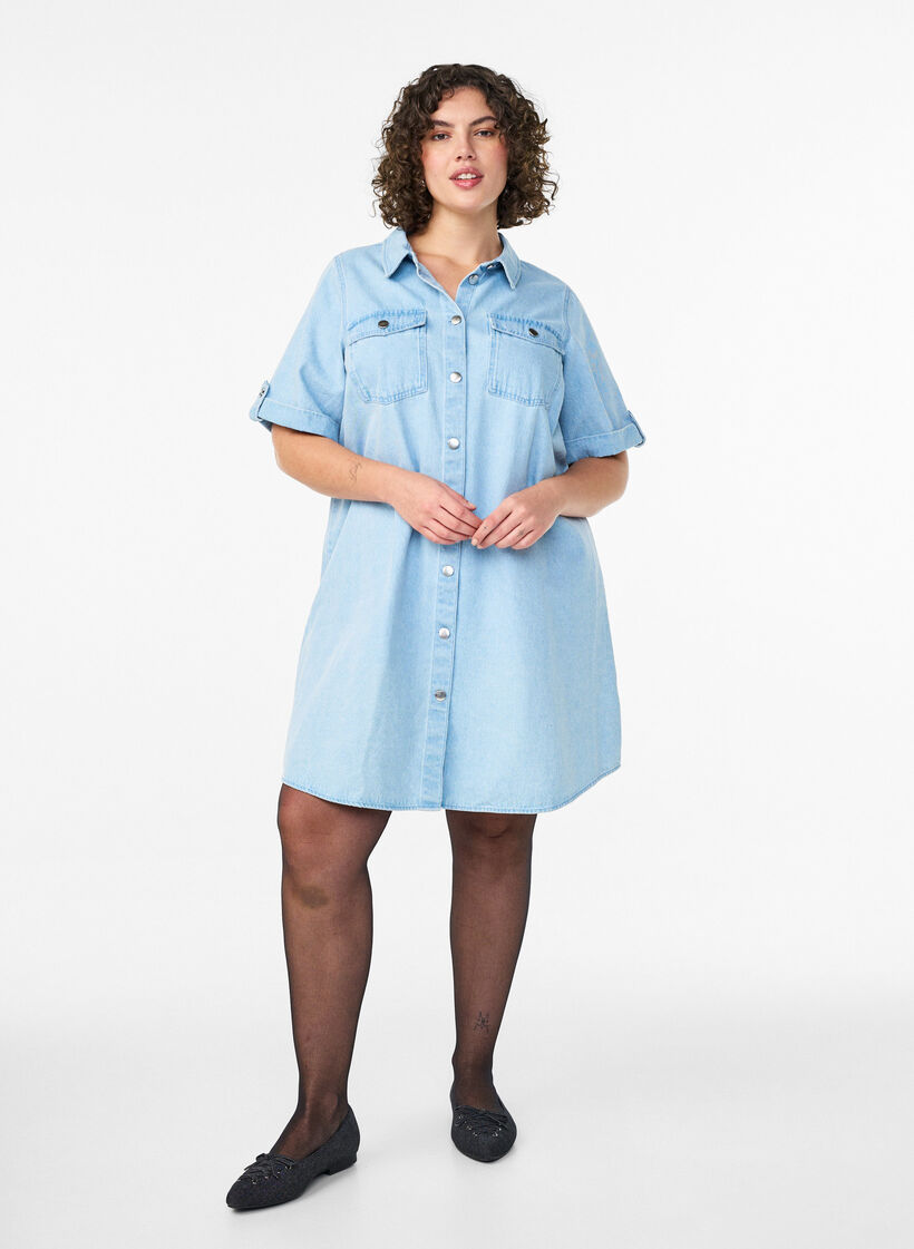 Denimjurk met korte mouwen en knopen, Blauw, Model image number 1