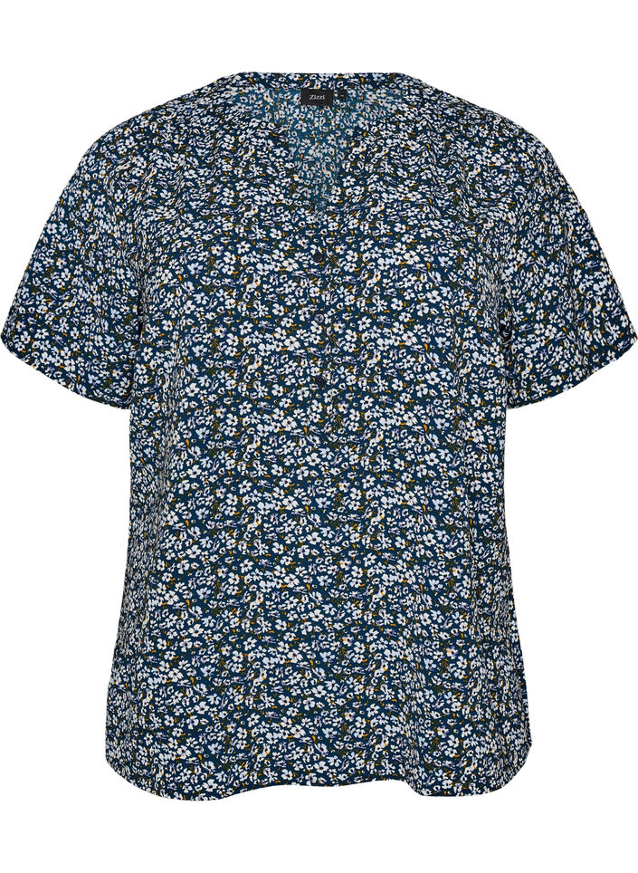 Blouse met korte mouwen en v-halslijn, Blauw, Packshot image number 0