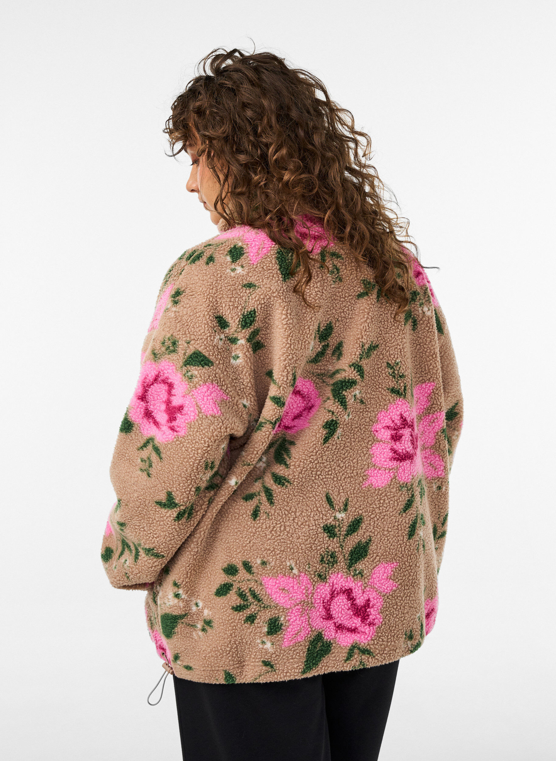 ZizziFloral fleecejack met een hoogsluitende kraag en ritssluiting, Beige, Model image number 2