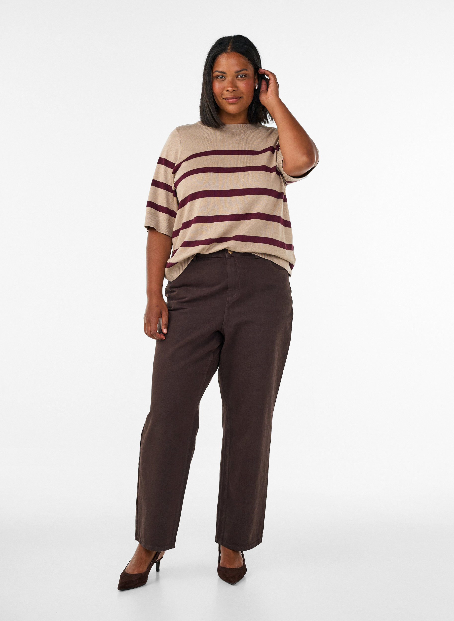 ZizziGestreepte top met korte mouwen in breisel, Beige, Model image number 1