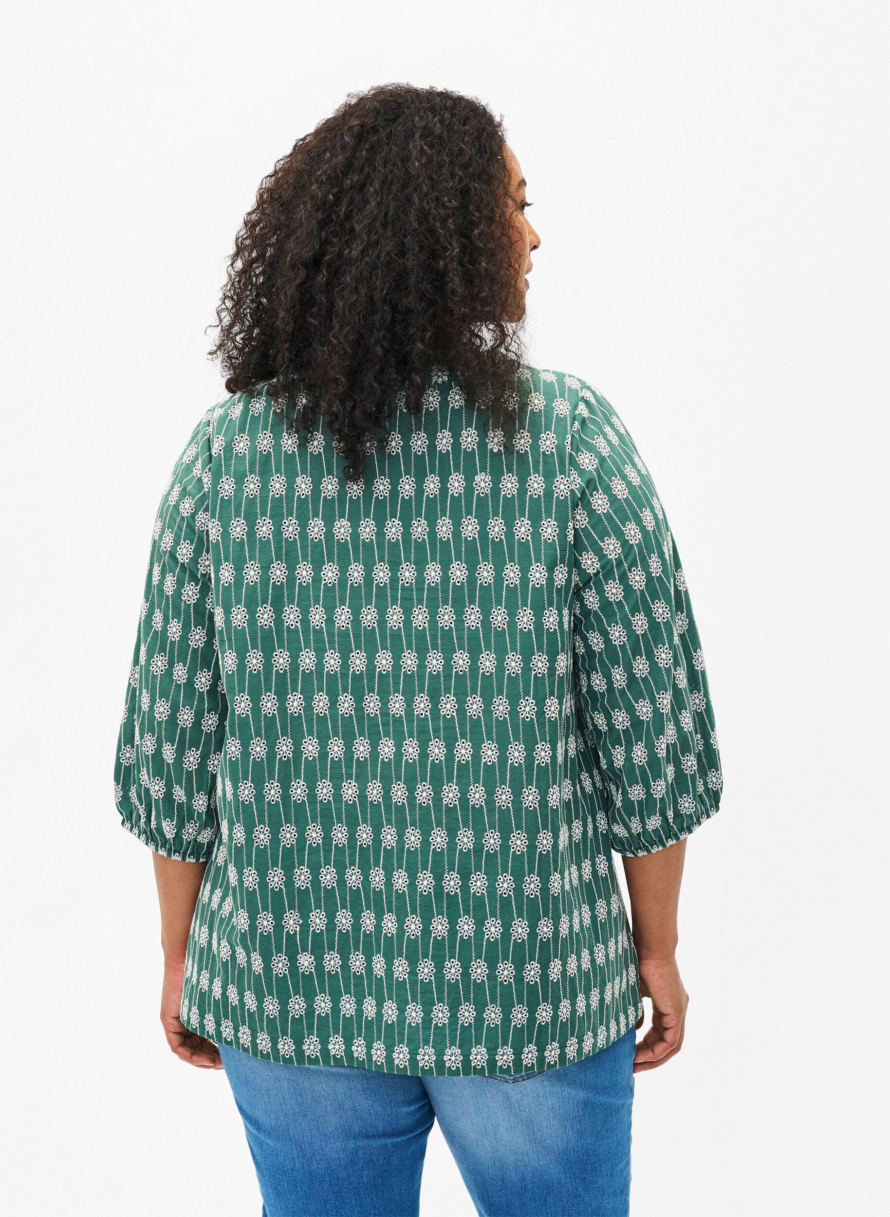 Zizzi Katoenen overhemdblouse met bloemenpatroon, Dark Forest, Model image number 1