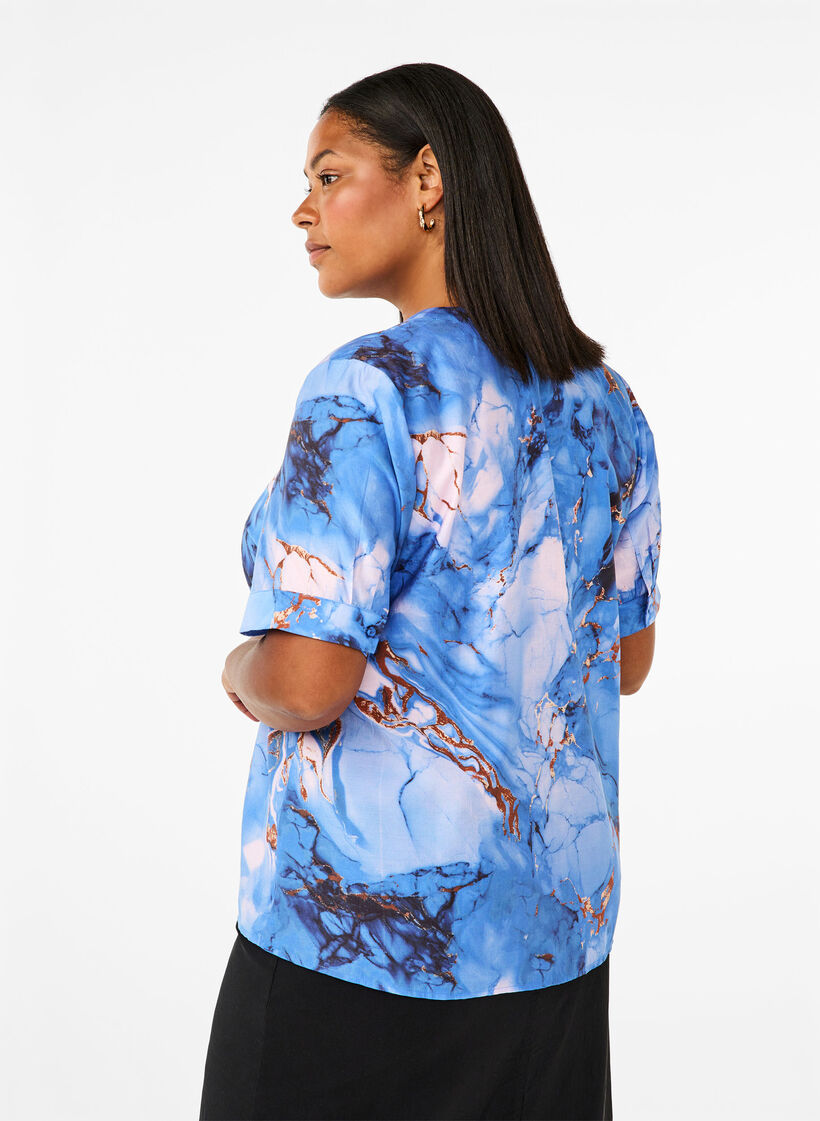 Viscose blouse met marmerprint en korte mouwen, Blauw, Model image number 2